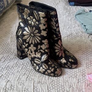 Nanette Lepore Black Ankle Boots with Gold Sequin Floral Design